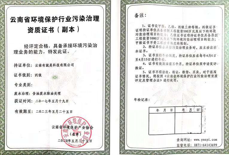 云南省环境保护行业污染治理资质证书（副本）